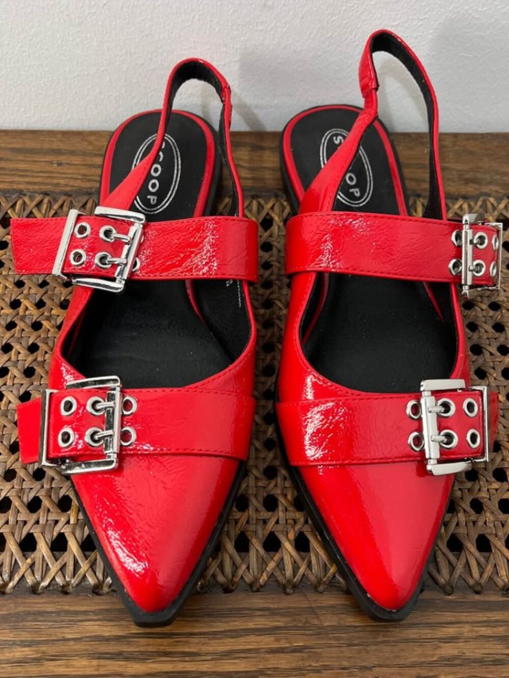 Size 7 City Chic Edgy Double Buckle Red Faux Leather Statement Slingback Flat - Picture 2 of 10